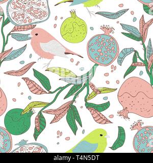 Seamless vector pattern with drawing birds and fruits Stock Vector