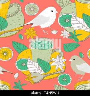 Seamless vector background with drawing tea cups and birds Stock Vector