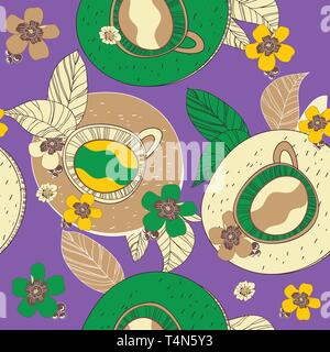 Seamless vector texture with drawing tea cups and leafs Stock Vector