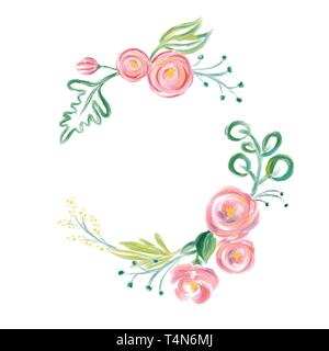 Cute spring Watercolor Vector Flower wreath with place for text. Art isolated illustration for wedding or holiday design, Hand drawn paint roses Stock Vector