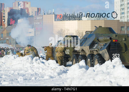 SAINT-PETERSBURG, RUSSIA - FEBRUARY 17, 2019: Fragment of the battle during the military-historical reconstruction in honor of the thirty years withdr Stock Photo