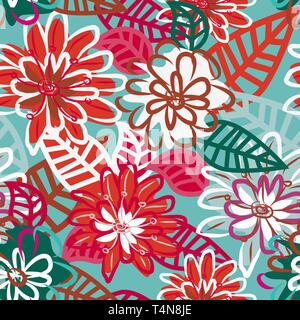 Abstract seamless blue vector texture with red flowers Stock Vector