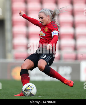 Manchester United's Alex Greenwood scores from the penalty spot to make it 2-0 during the FA Women's Championship match at Leigh sports Village. Stock Photo