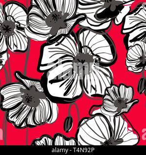 Abstract seamless vector dark pattern with red poppy Stock Vector