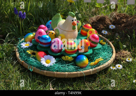 Easter traditions. Compositions with painted Easter eggs. Stock Photo