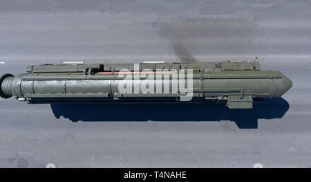 Moscow, May 7, 2017. 15U175M RS-24 Yars returns from the Red Square after rehearsal of the Victory Day Parade, top view. Stock Photo