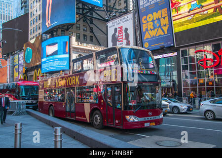 bus square times tour york hop broadway decker seen ny double april manhattan billboards passing neon giant signs