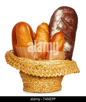 Bread in basket isolated on white background Stock Photo