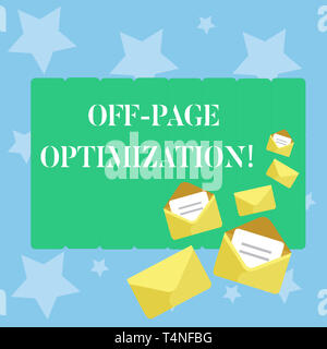 Handwriting text writing Off Page Optimization. Conceptual photo set of techniques to increase your website s is ranking Closed and Open Envelopes wit Stock Photo