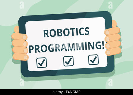 Handwriting text Robotics Programming. Conceptual photo software that used to perform autonomous tasks Color Tablet Smartphone with Blank Screen Handh Stock Photo