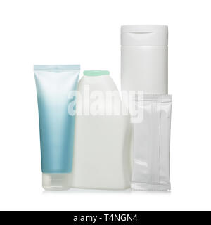 Hygiene products in plastic containers isolated on white Stock Photo