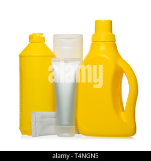 Cleaning and hygiene products in blank plastic containers isolated on white background Stock Photo