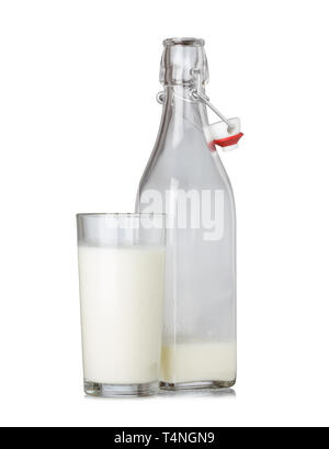 Fresh milk glass and bottle with vintage swing top isolated on white background Stock Photo