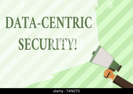 Word writing text Data Centric Security. Business photo showcasing Identify and protect data wherever it resides Hand Holding Megaphone with Blank Wid Stock Photo