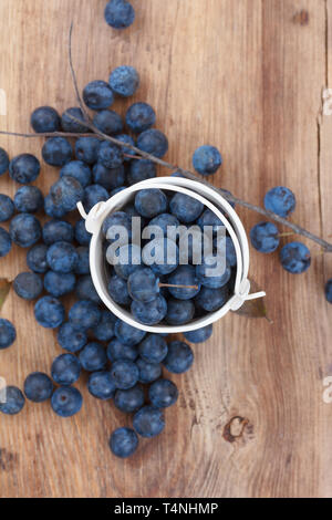 Blackthorn berries on wooden table, focus on berries in pail Stock Photo