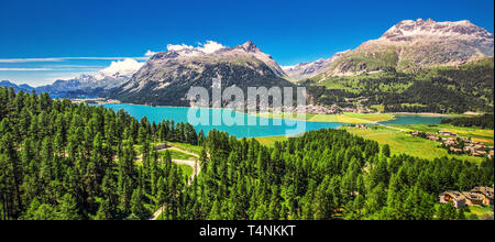 Stunning view of Silsersee, Silvaplanersee, Engadin and Maloja from Corvatsch mountain, Switzerland, Europe Stock Photo