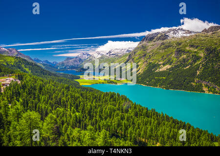 Stunning view of Silsersee, Silvaplanersee, Engadin and Maloja from Corvatsch mountain, Switzerland, Europe Stock Photo