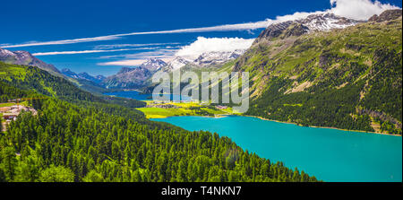 Stunning view of Silsersee, Silvaplanersee, Engadin and Maloja from Corvatsch mountain, Switzerland, Europe Stock Photo