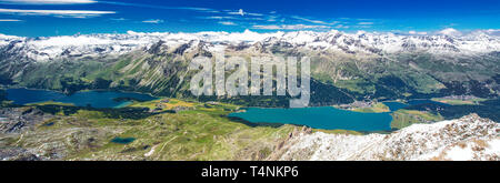 Stunning view of Silsersee, Silvaplanersee, Engadin and Maloja from Corvatsch mountain, Switzerland, Europe Stock Photo