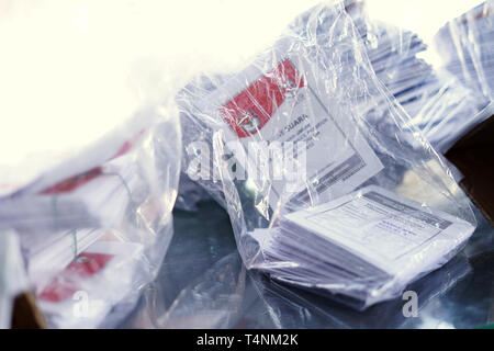 Banda Aceh, Indonesia - April 17, 2019: Stack of Ballot papers of presidential elections ready for Counting at Pelanggahan Polling Station in Banda Ac Stock Photo