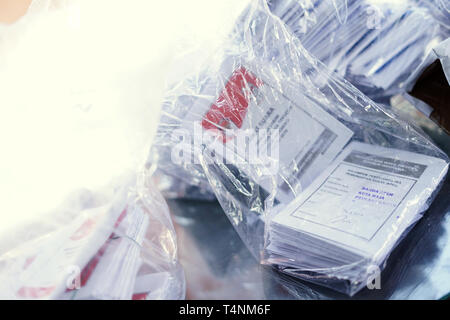 Banda Aceh, Indonesia - April 17, 2019: Stack of Ballot papers of presidential elections ready for Counting at Pelanggahan Polling Station in Banda Ac Stock Photo