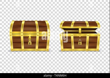 Vector 3d Realistic Closed and Opened Retro Vintage Antique Old Treasure Wooden brown Pirate Dower Chest with Golden Metal Stripes and Padlock and Key Stock Vector