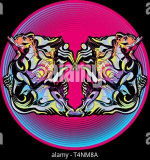 Vector pattern of stylized figures of fantastic women. The lines are complex, intricate. Image enclosed in a circle, reflection effect, central compos Stock Vector