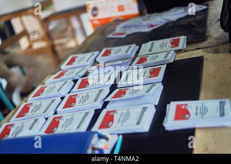 Banda Aceh, Indonesia - April 17, 2019: Stack of Ballot papers of presidential elections ready for Counting at Pelanggahan Polling Station in Banda Ac Stock Photo