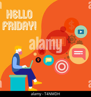 Writing note showing Hello Friday. Business concept for you say this for wishing and hoping another good lovely week Man Sitting with Laptop and SEO D Stock Photo