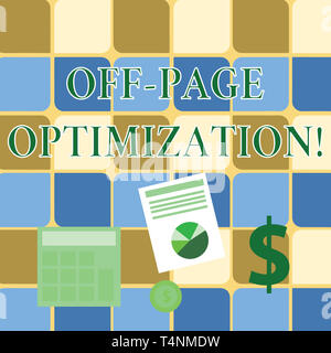 Handwriting text writing Off Page Optimization. Conceptual photo set of techniques to increase your website s is ranking Computing Dollar Investment i Stock Photo