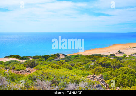 Amazing landscape with the bay on Mediterranean coast taken from the hills in Karpas Peninsula, Turkish Northern Cyprus. Amazing remote vacation spot. Stock Photo