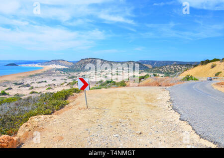 Amazing view over the countryside landscape and the Mediterranean bay in Karpas Peninsula, Turkish Northern Cyprus. Stock Photo