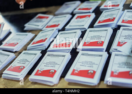 Banda Aceh, Indonesia - April 17, 2019: Stack of Ballot papers of presidential elections ready for Counting at Pelanggahan Polling Station in Banda Ac Stock Photo