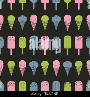 Vector repeat seamless pattern. Bright color ice creams on dark background. Colorful summer surface pattern. Stock Vector