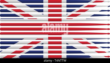 United Kingdom drummer drum stick flag with red, white and blue striped drum sticks isolated vector illustration Stock Vector