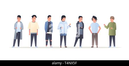 young asian men group wearing casual clothes happy attractive guys standing together chinese or japanese male cartoon characters full length flat Stock Vector