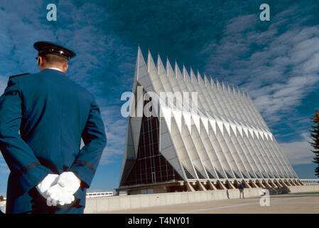 Colorado,The West,Western,Rocky Mountain State,Colorado Springs,US Air Force Academy,Chapel,150 foot spires,all faiths,cadet on left,CO007,CO007 Stock Photo
