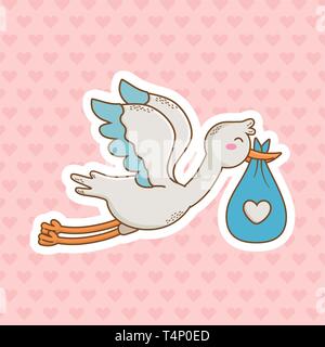 cute baby shower stork holding baby bag cartoon vector illustration graphic design Stock Vector