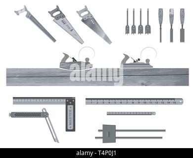 set of tools for working with wood. has a plane, hacksaw, chisel, ruler, square, drill bits , nail. Stock Vector