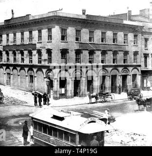 California History - Wells, Fargo and Company's Ex. Office, San Francisco, corner Montgomery and California Streets ca. 1866 Stock Photo