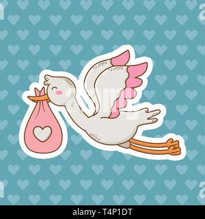 cute baby shower stork holding baby bag cartoon vector illustration graphic design Stock Vector