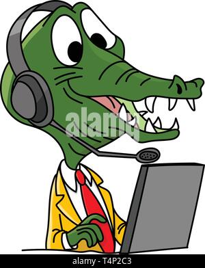 Cartoon alligator character call center employee working with a headset on his head vector illustration Stock Vector