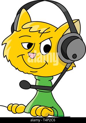 Cartoon cat character with a headset on his head giving customer support service vector illustration Stock Vector