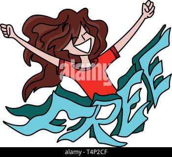 Cartoon woman with long hair standing behind a free text with her arms wide open, feeling happy, vector illustration Stock Vector