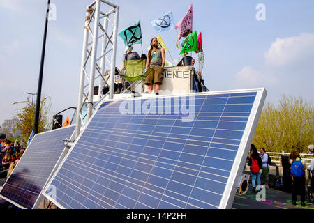 Extinction Rebellion activists occupy Waterloo Bridge for the third day on 17th April 2019: Photovoltaic panels supply electricity to the protest.