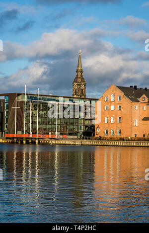 Old waterfront buildings along Copenhagen Harbour in the city centre, Christianshavn, Copenhagen, Denmark Stock Photo