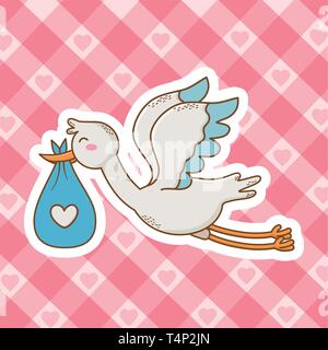 cute baby shower stork holding baby bag cartoon vector illustration graphic design Stock Vector