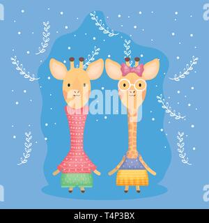 cute couple giraffes with clothes characters vector illustration design Stock Vector