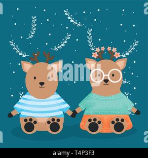 cute couple reindeer with clothes characters vector illustration design Stock Vector
