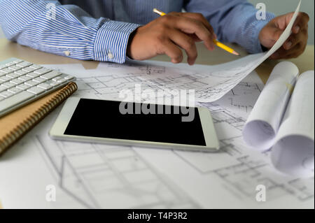 Architects working laptop  interior Architect workplace Construction concept tools Stock Photo